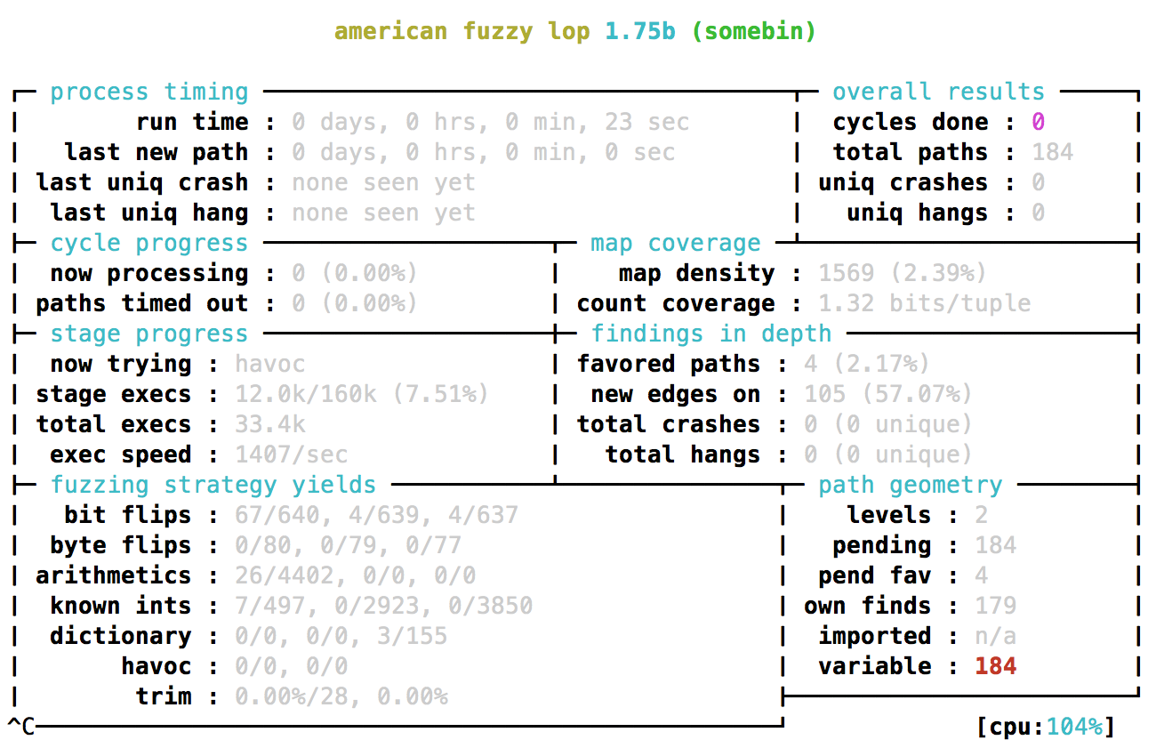 AFL fuzzing status screen